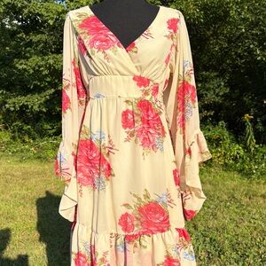 Betsey Johnson Beige and Pink Floral Long Sleeve Dress